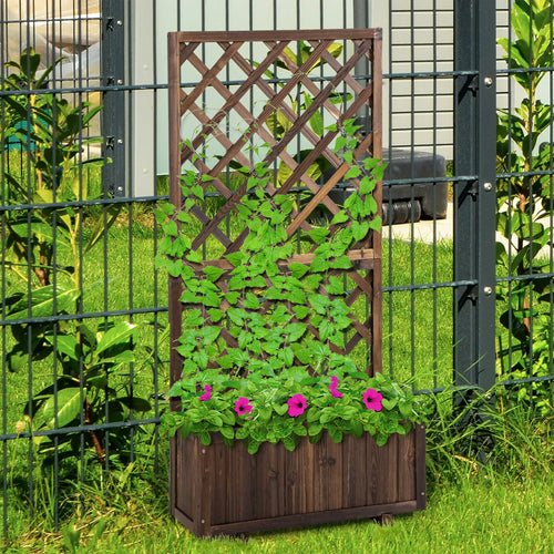 2.4 x 1 x 4.9 ft Wooden Pine Trough Planter with Trellis, Carbonized