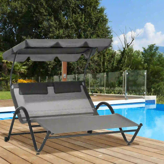 Outdoor Chaise Lounge Chair, Sun Lounger with Sunshade, Wheels, Breathable Mesh, Dark Gray Daybeds Dark Grey at Gallery Canada