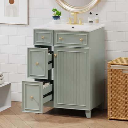 24" Bathroom Vanity, 4 Drawers, Ceramic Sink, Solid Wood, Green+White Sink Cabinets at Gallery Canada