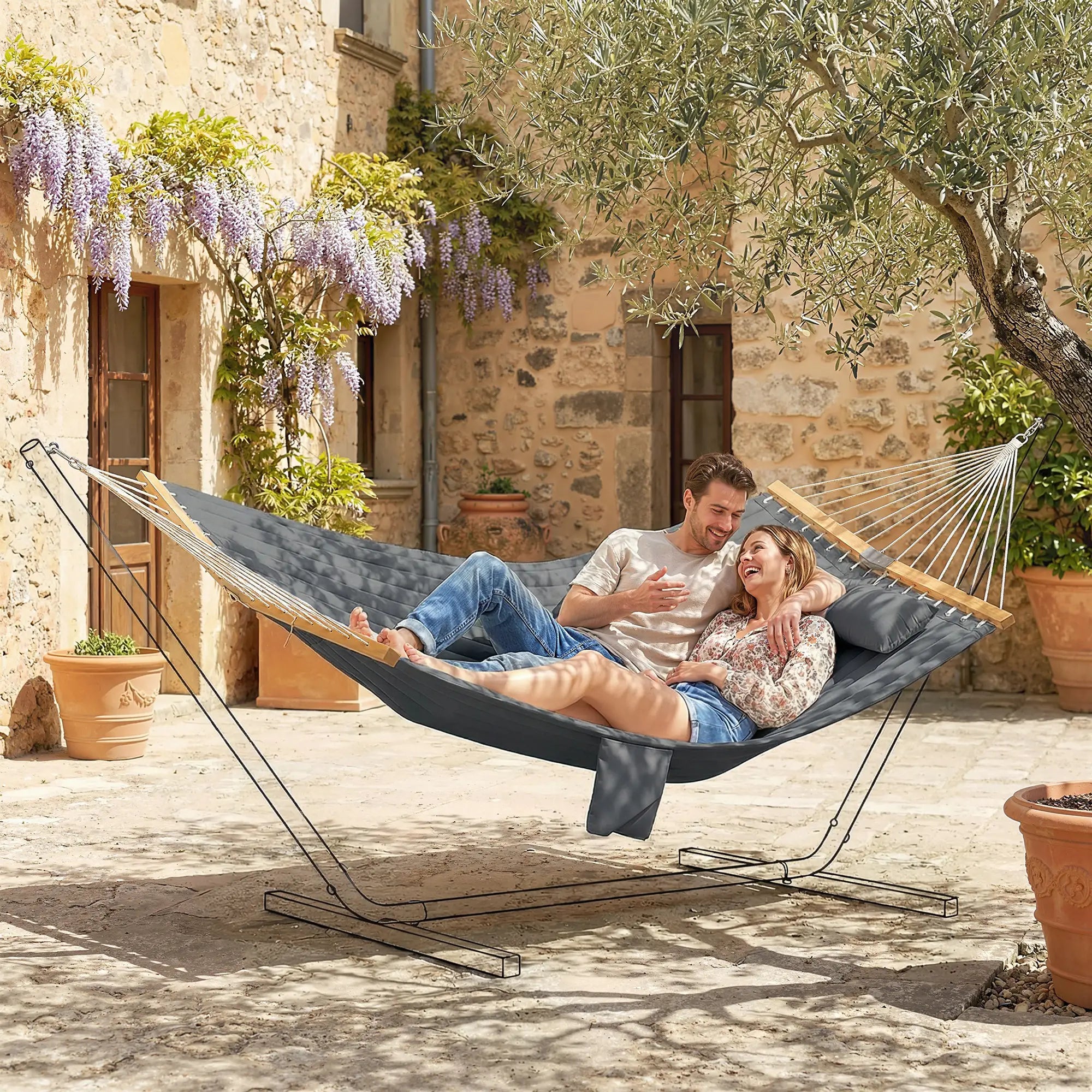 Padded Camping Hammock With Pillow, Spreader Bars, 200 x 140 cm, Grey Camping Hammocks at Gallery Canada