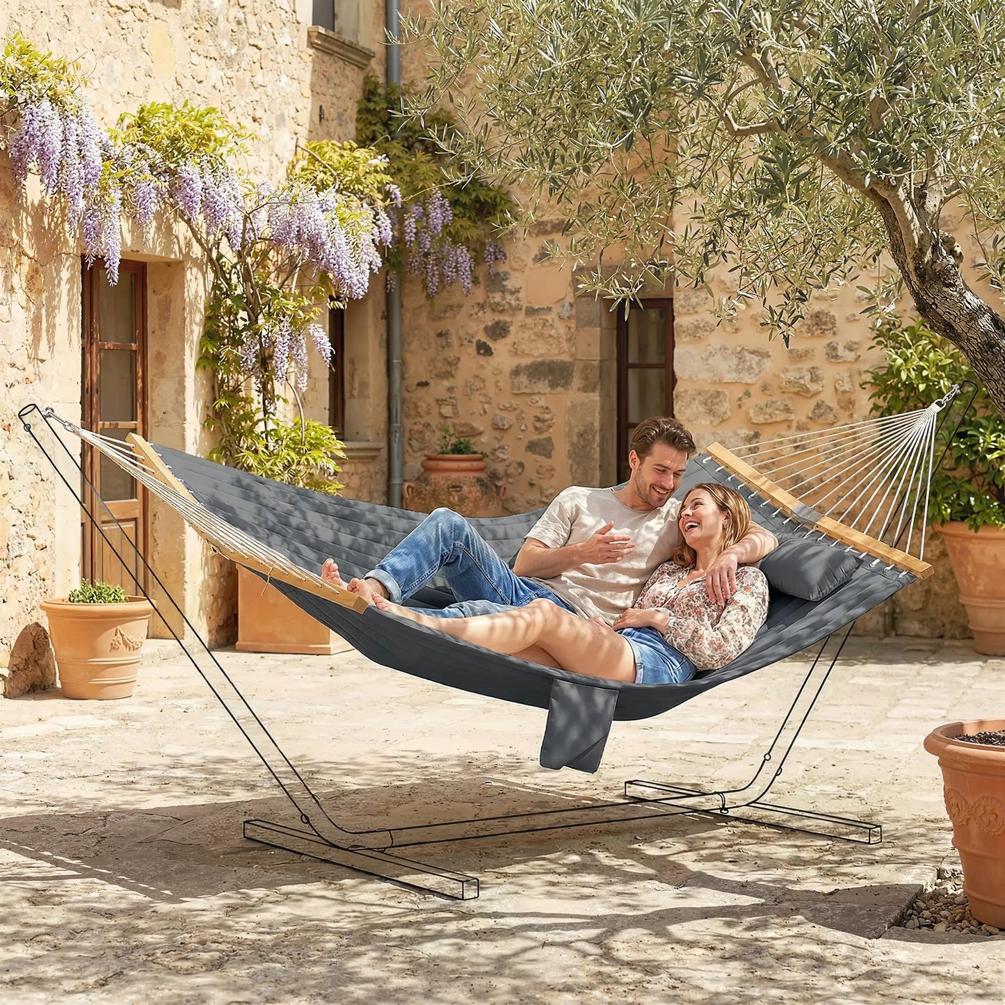 Padded Camping Hammock With Pillow, Spreader Bars, 200 x 140 cm, Grey Camping Hammocks at Gallery Canada