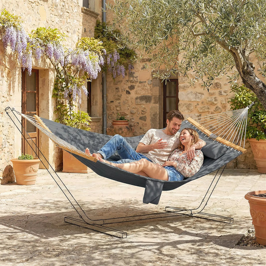 Padded Camping Hammock With Pillow, Spreader Bars, 200 x 140 cm, Grey Camping Hammocks Grey, Natural Wood at Gallery Canada