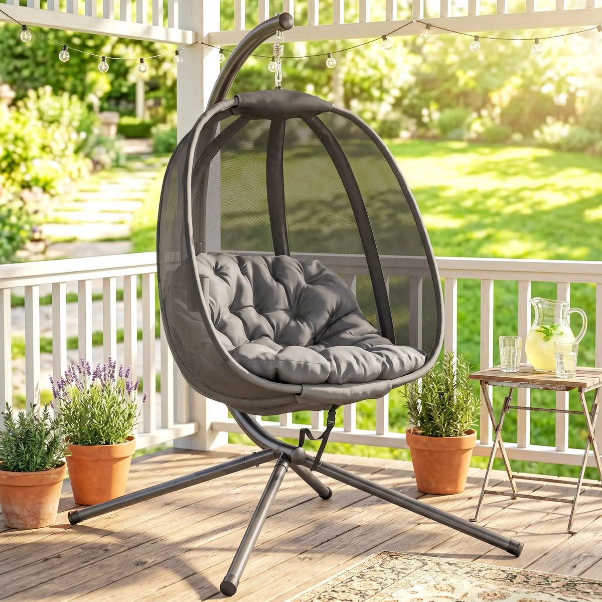 Hanging Egg Chair, Outdoor Swing with Stand, Folding Basket, Grey