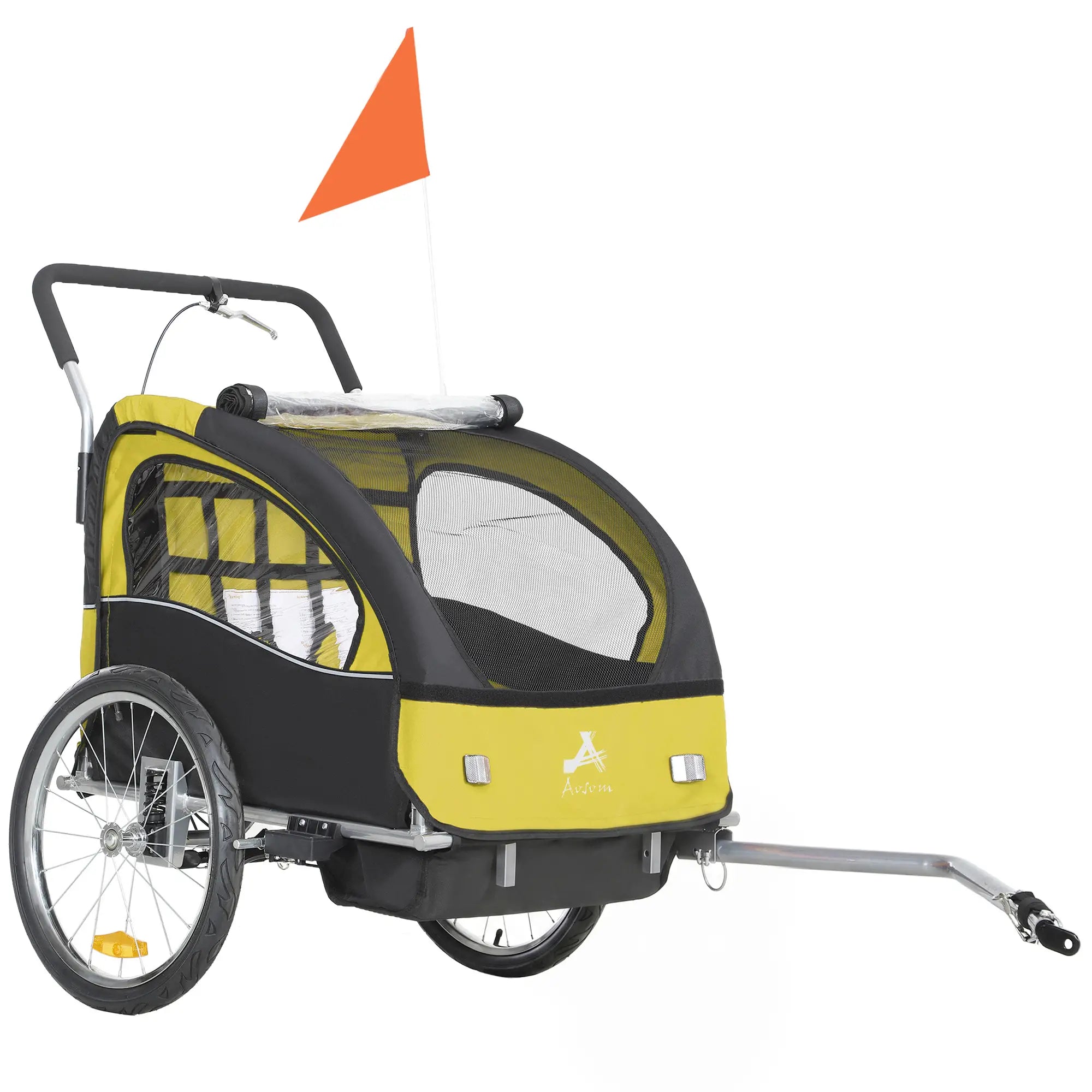 2-in-1 Bike Trailer, Foldable 2-Seat Stroller, 5-Point Harness, Yellow Kids Bike Trailers Yellow, Black, Silver at Gallery Canada