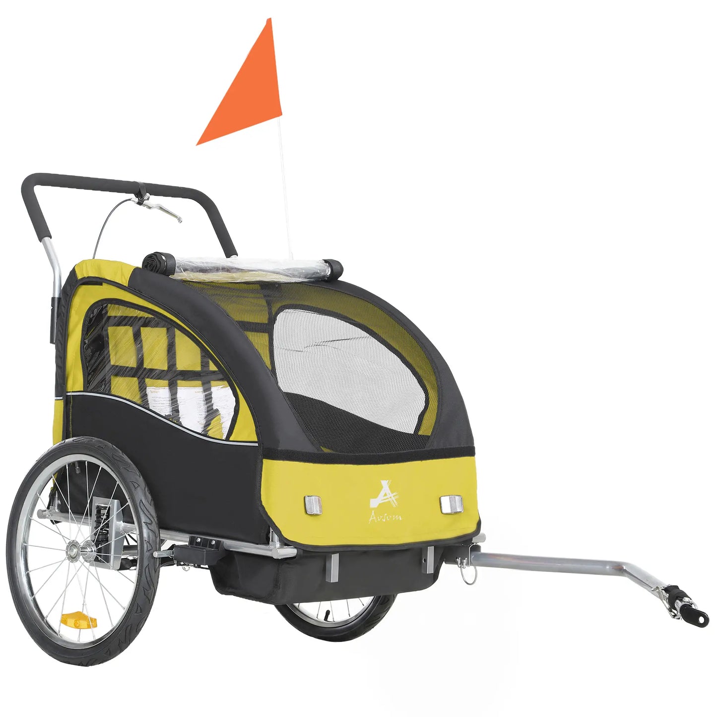 2-in-1 Bike Trailer, Foldable 2-Seat Stroller, 5-Point Harness, Yellow Kids Bike Trailers Yellow, Black, Silver at Gallery Canada