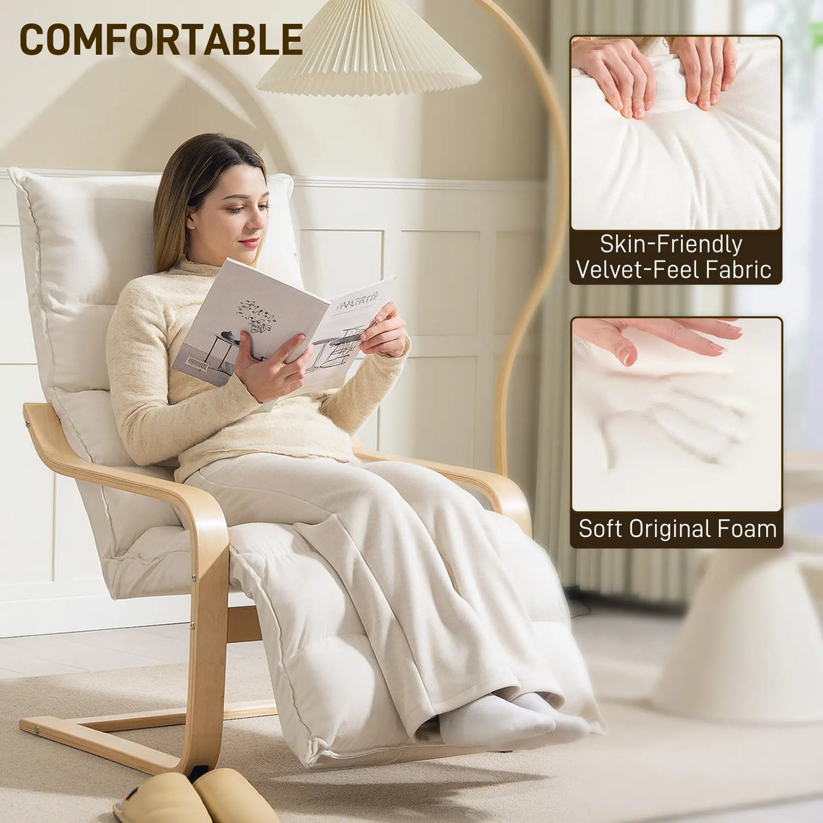 Accent Chair, Velvet Upholstered Living Room Chair with Footrest, Wood Frame, Cream White Accent Chairs at Gallery Canada