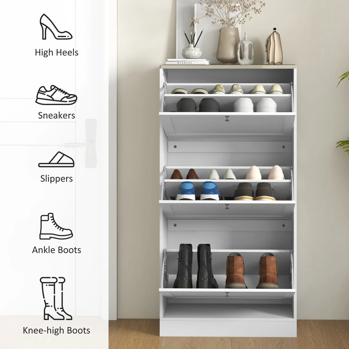 Modern Shoe Storage, 3 Flip Drawers, Adjustable Shelves, 18 Pairs, White Shoe Storage Cabinets & Racks at Gallery Canada