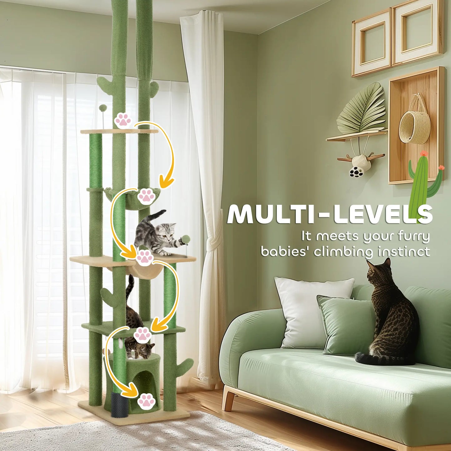 89"-100" Cat Tree Tower for Large Cats, Scratching Posts, Grooming Brush, Green Floor to Ceiling Cat Trees at Gallery Canada