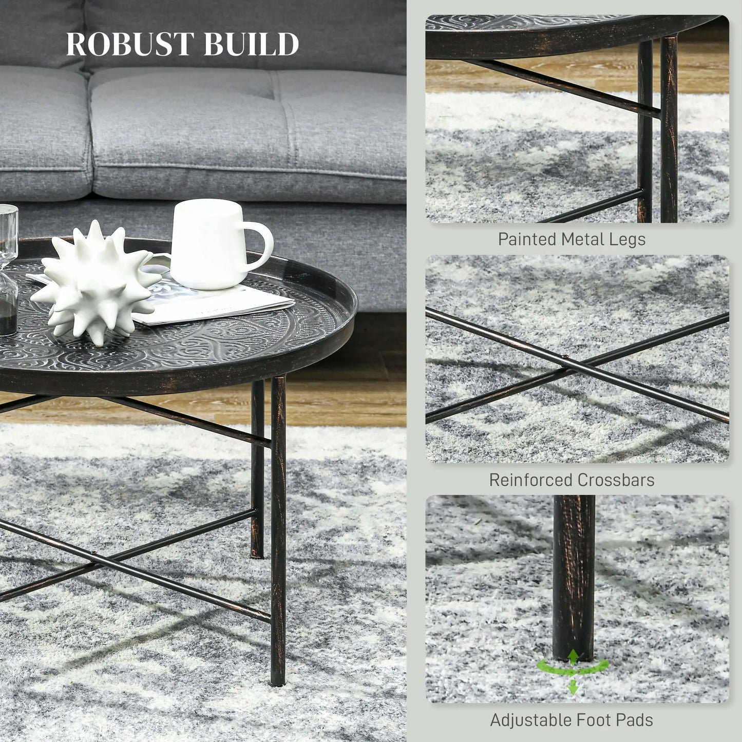 Vintage Coffee Table, 24" Round, Hammered Tray Top, Metal Frame, Pewter Coffee Tables at Gallery Canada