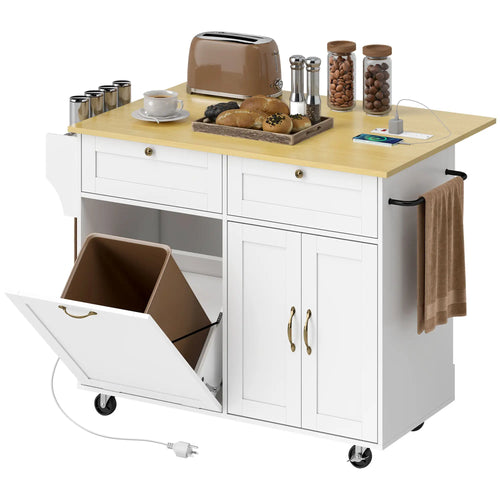 Kitchen Island Cart with Charging Station, Drop Leaf, Trash Can Cabinet, White