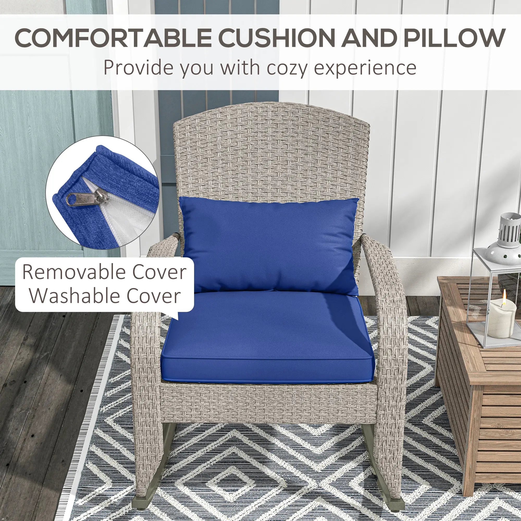 Outdoor Wicker Rocking Chair With Cushion, Dark Blue Patio Chairs at Gallery Canada