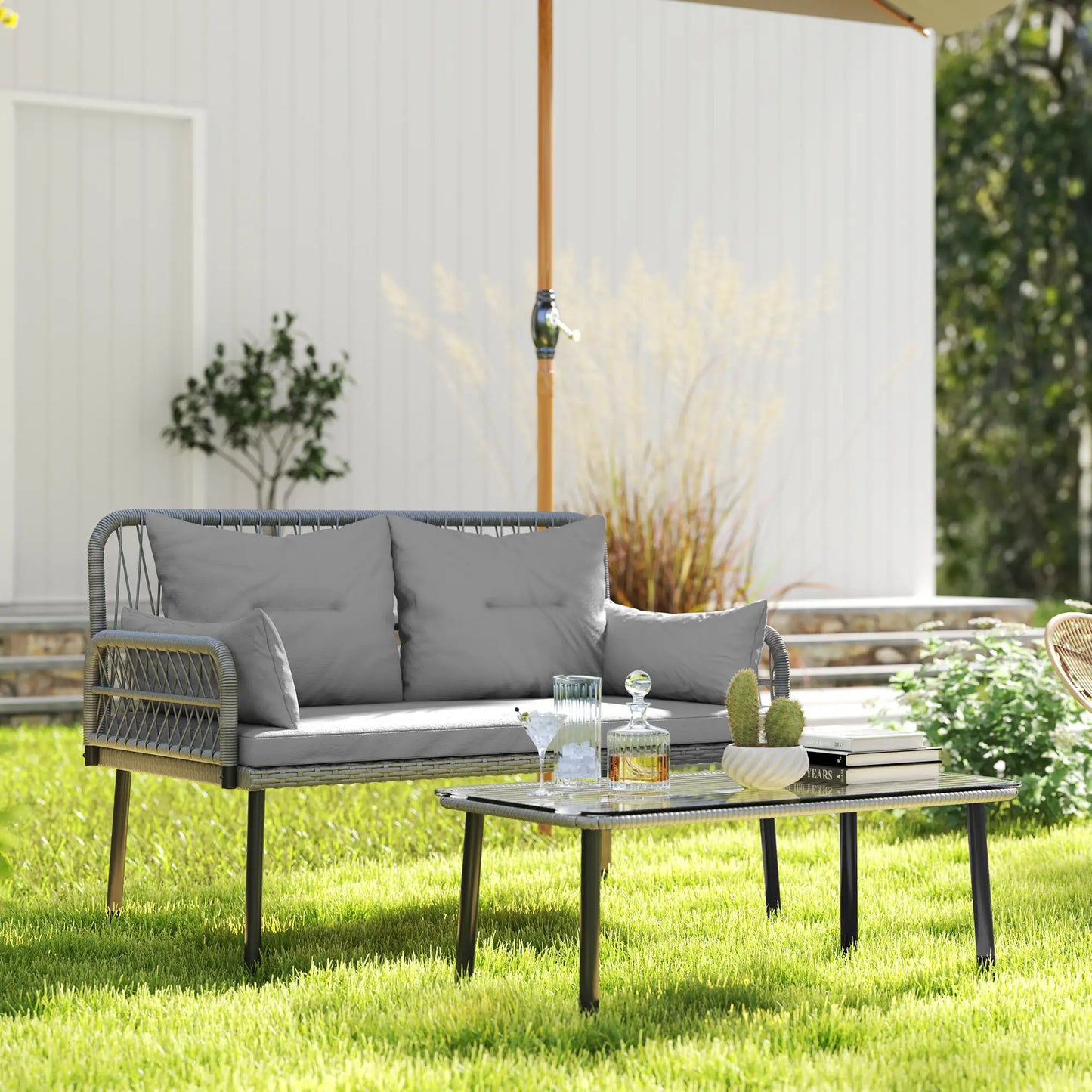 2-Piece Wicker Patio Set, Small Loveseat with Glass Table, Light Grey Patio Furniture Sets at Gallery Canada