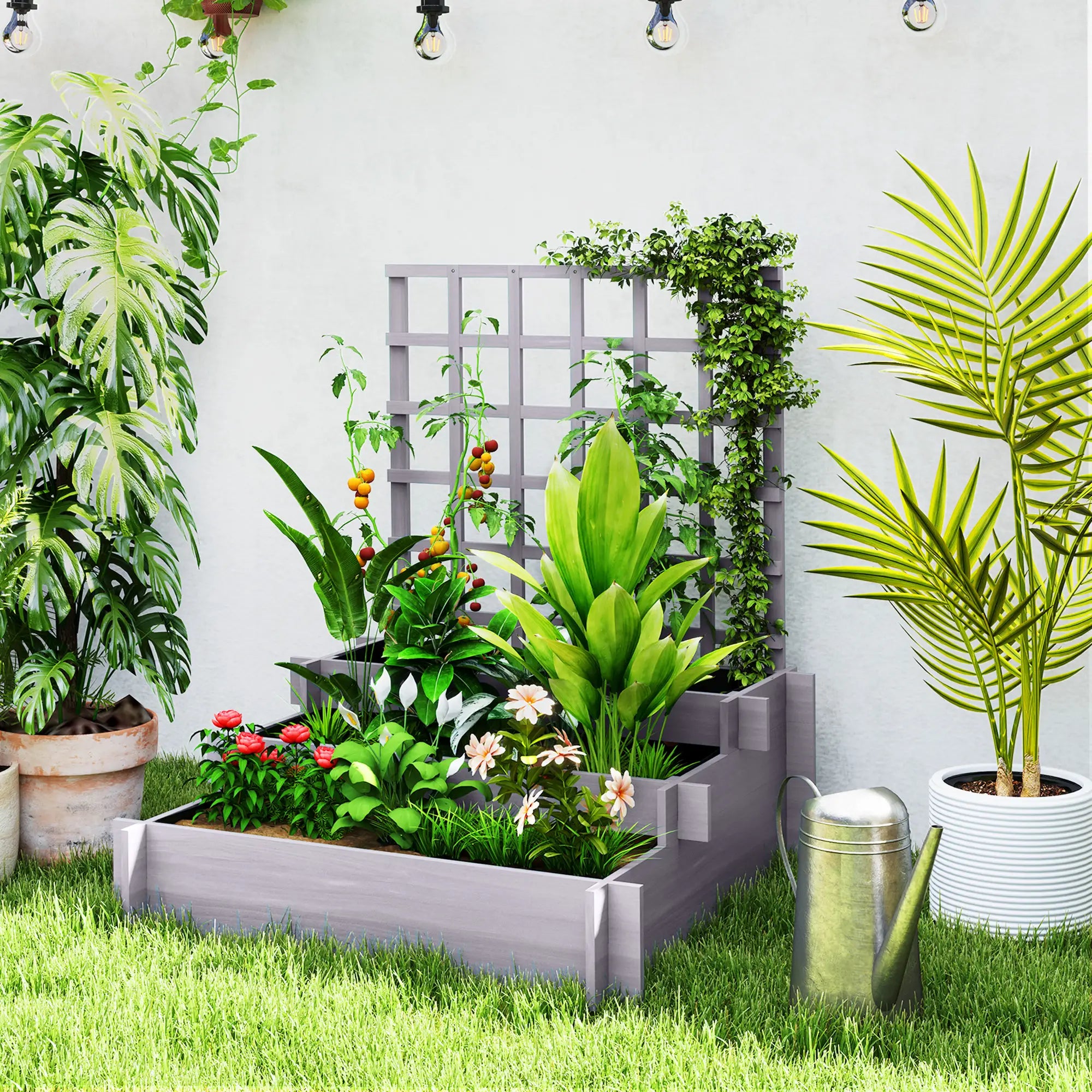 Wooden Elevated Planter Box with Trellis, 3 Tier Raised Garden Bed, Grey Raised Garden Beds at Gallery Canada