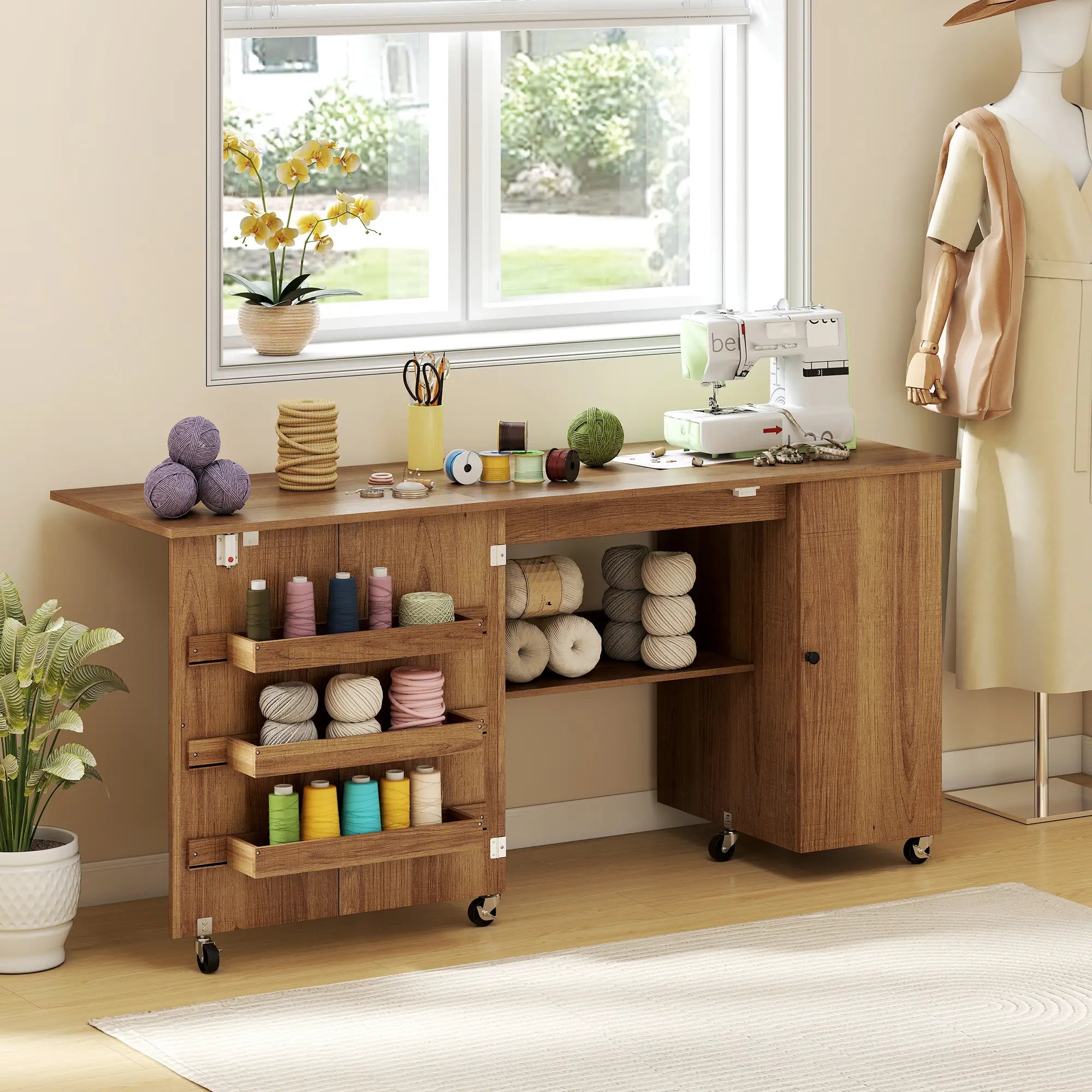 Sewing Machine Table, Drop Leaf, 2 Doors, Adjustable Shelf, Brown Sewing Cabinets at Gallery Canada