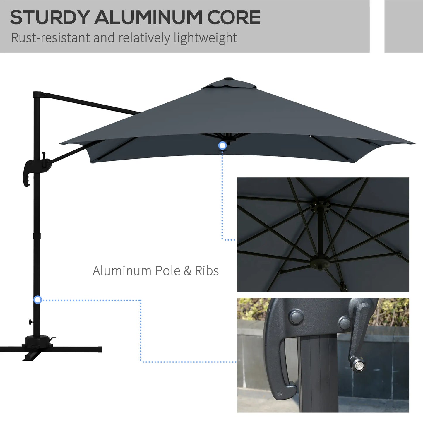 10x10ft Rotatable Square Cantilever Umbrella, 4 Adjustable Angles, Dark Grey Cantilever Umbrellas at Gallery Canada