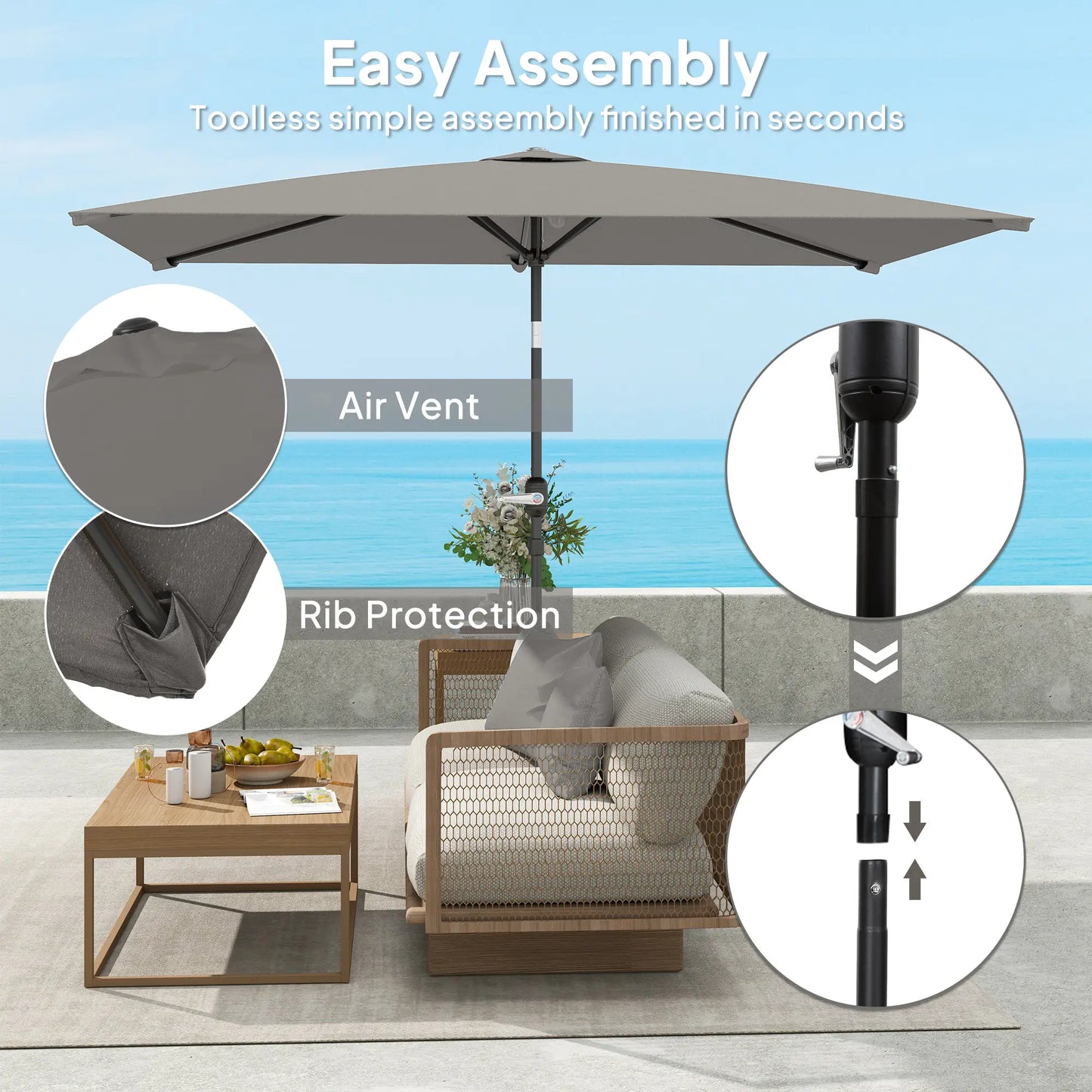 6.5x9.6ft Rectangle Aluminum Patio Umbrella, Outdoor Sunshade, Light Grey Sun Umbrellas at Gallery Canada