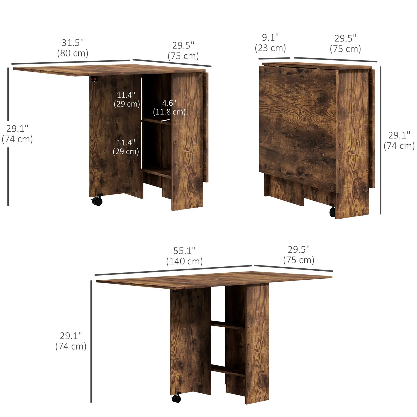 Extendable Dining Table, Collapsible w/ Shelves, Casters, Rustic Brown, Brown Dining Tables at Gallery Canada