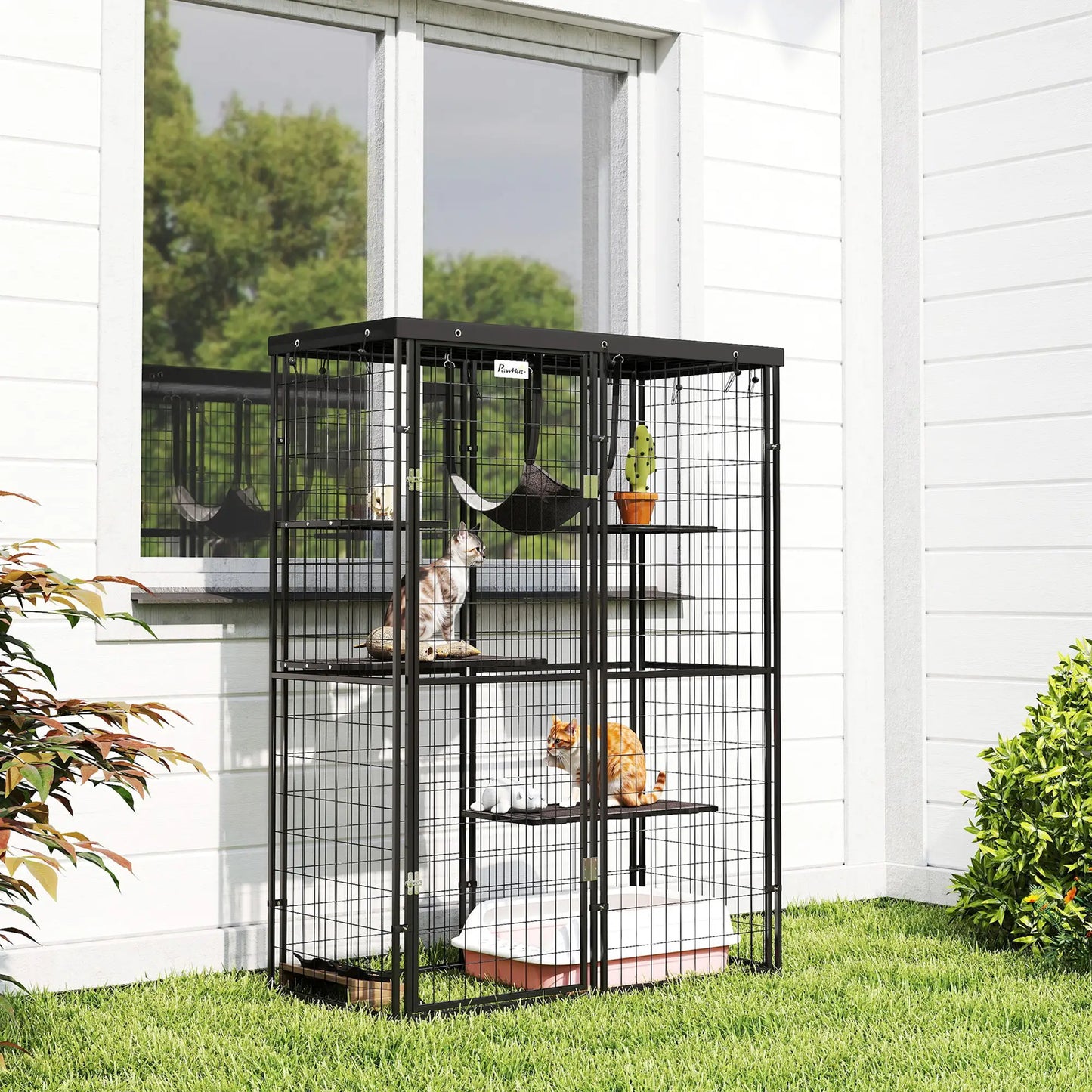Metal Cat Cage, Waterproof Cover, 4 Platforms, Hammock, 46.5" x 22" x 62", Black Outdoor Cat Enclosures at Gallery Canada