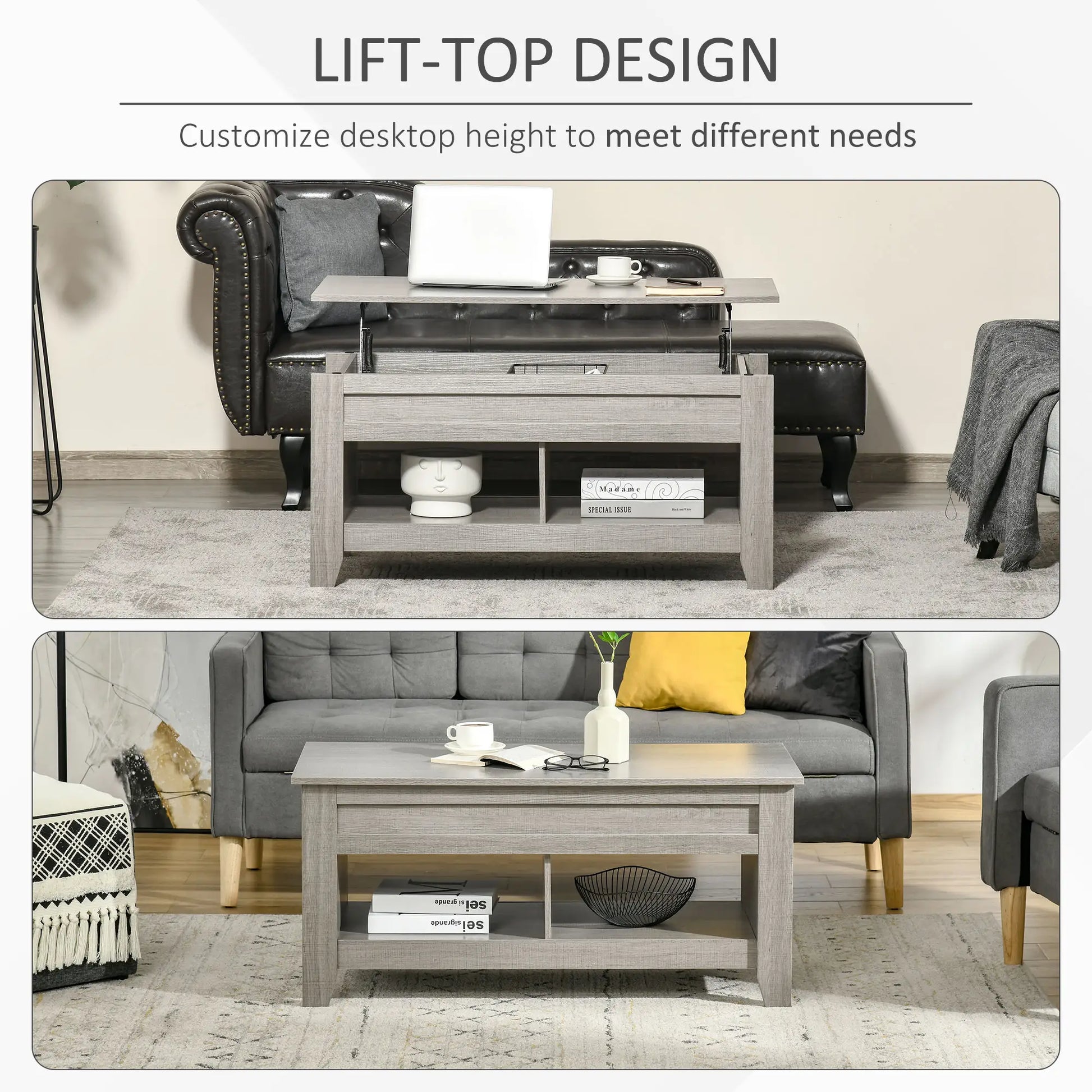 Lift Top Coffee Table, Hidden Storage, Open Shelves, Light Grey Coffee Tables at Gallery Canada