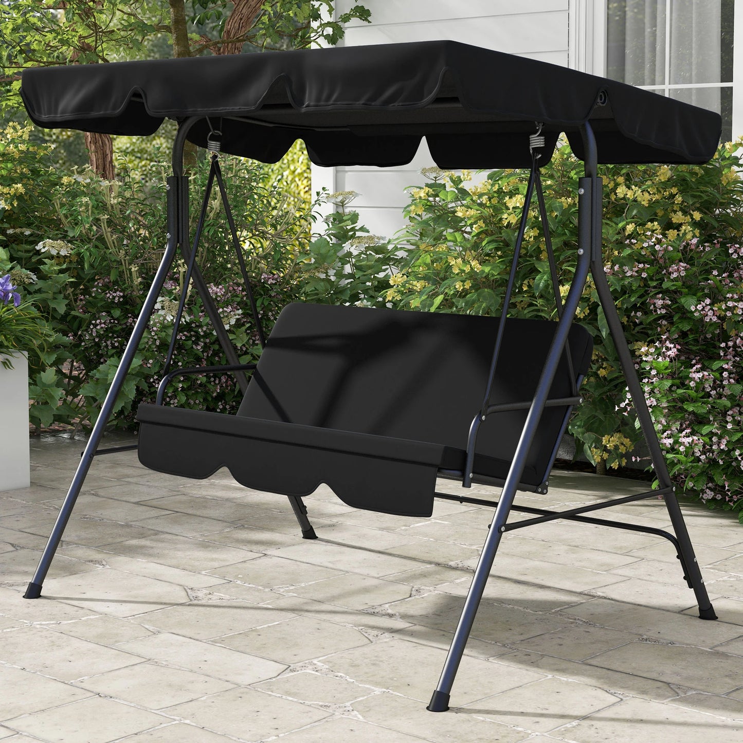 3-Seater Outdoor Porch Swing, Adjustable Canopy, Black Patio Swings with Stand at Gallery Canada