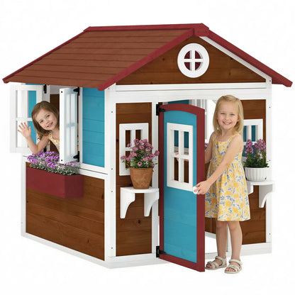 Wooden Playhouse for Kids Outdoor with Door, Windows, Planter Pots and Boxes for Toddlers 3-8 Years, Beige Play Houses at Gallery Canada