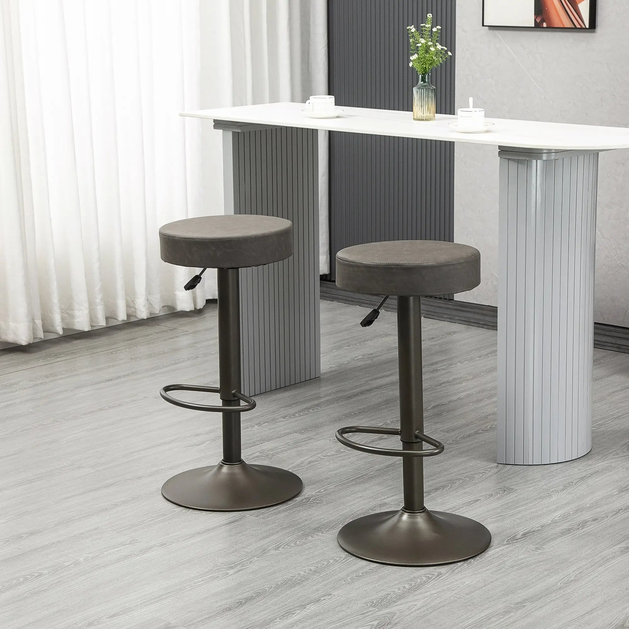 Adjustable Bar Stools Set of 2, Swivel with Footrest, PU Leather Round Top, Dark Grey Bar Stools at Gallery Canada