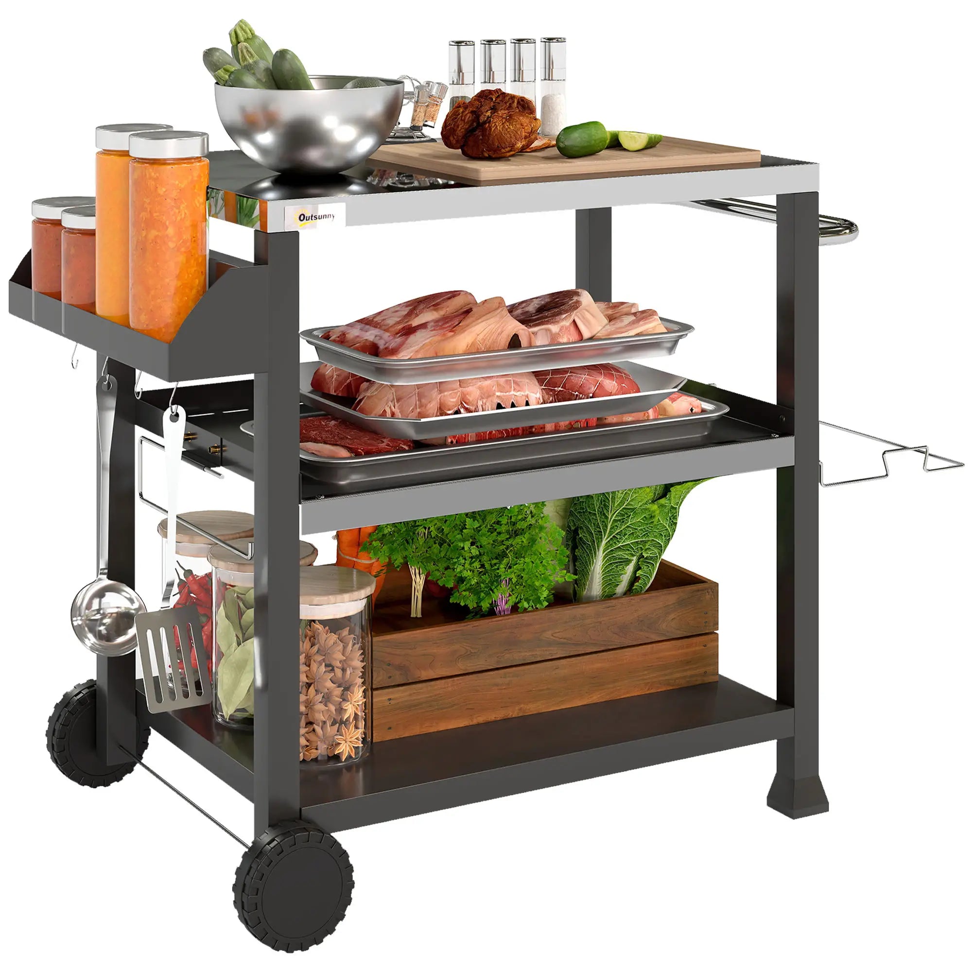 3-Shelf Outdoor Grill Cart, Stainless Steel Pizza Oven Stand On Wheels, Black Outdoor Grill Carts at Gallery Canada