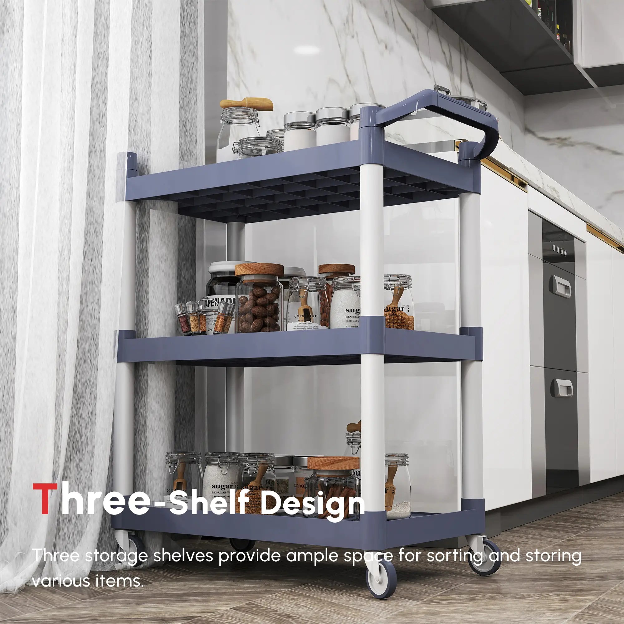 3-Tier Utility Cart, 3 Shelves, Rolling Storage Trolley, Silver Grey Kitchen Islands & Kitchen Carts at Gallery Canada