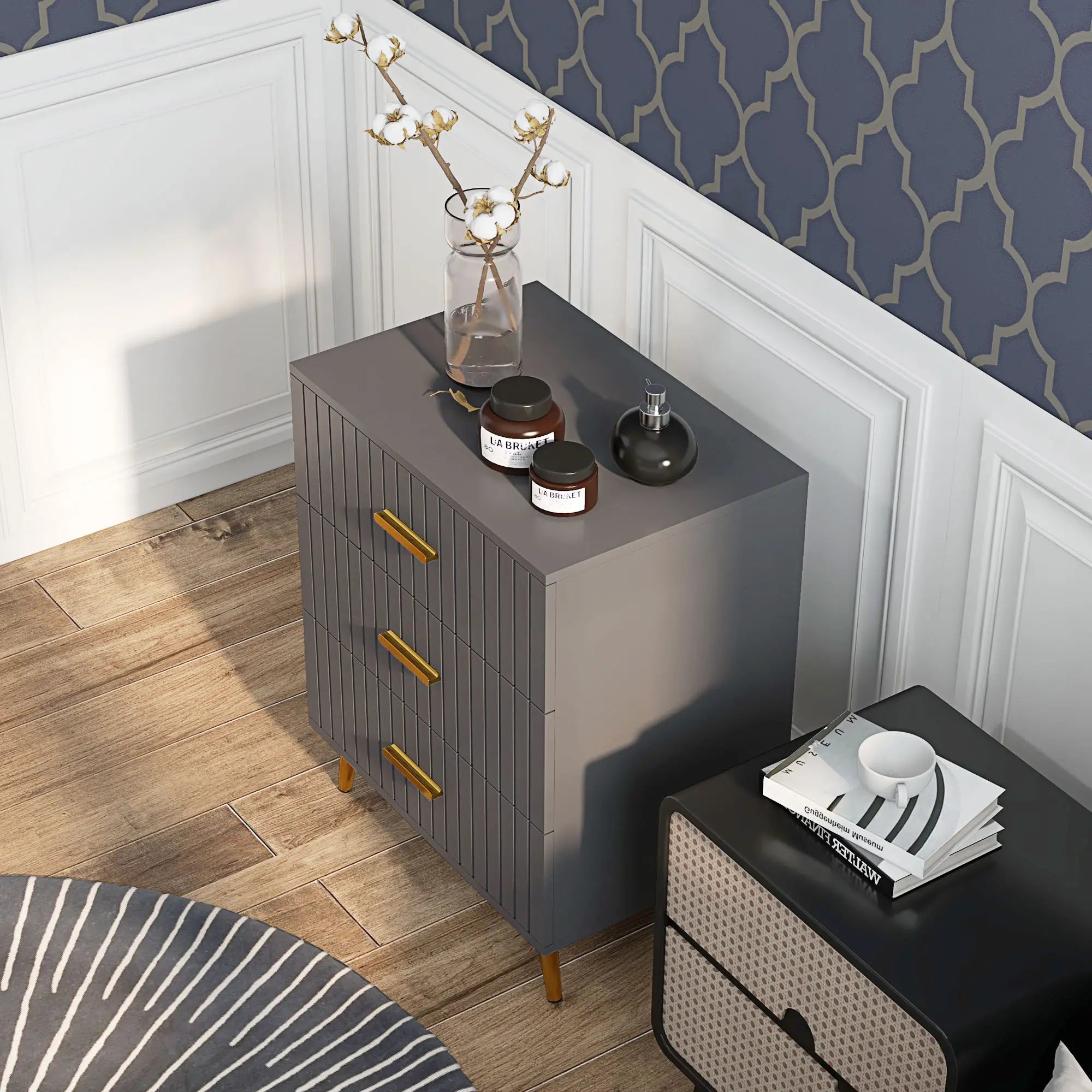 3 Drawer Cabinet, Bedroom Chest of Drawers, Aluminium Legs, Dark Grey Storage Cabinets at Gallery Canada