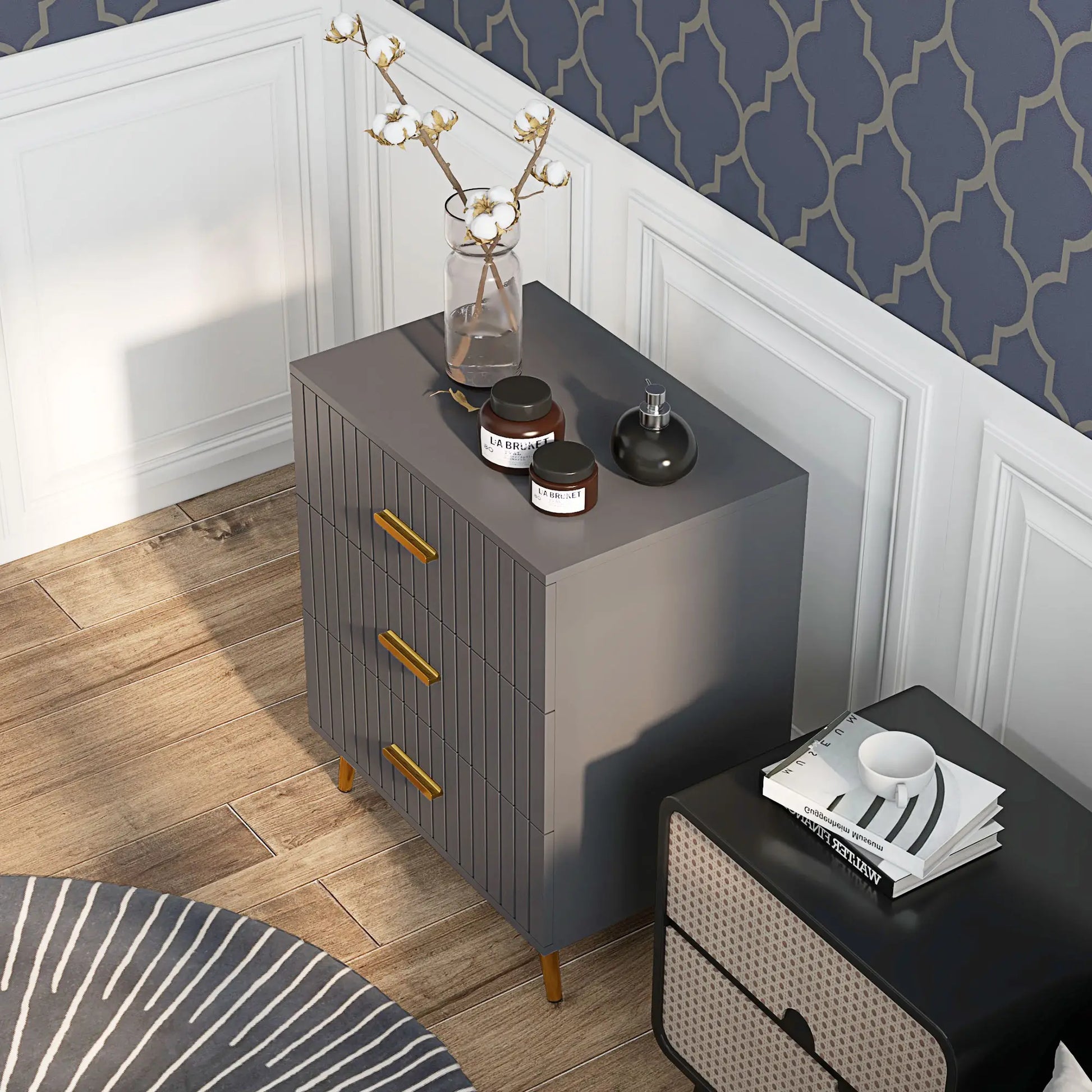 3 Drawer Cabinet, Bedroom Chest of Drawers, Aluminium Legs, Dark Grey Storage Cabinets at Gallery Canada