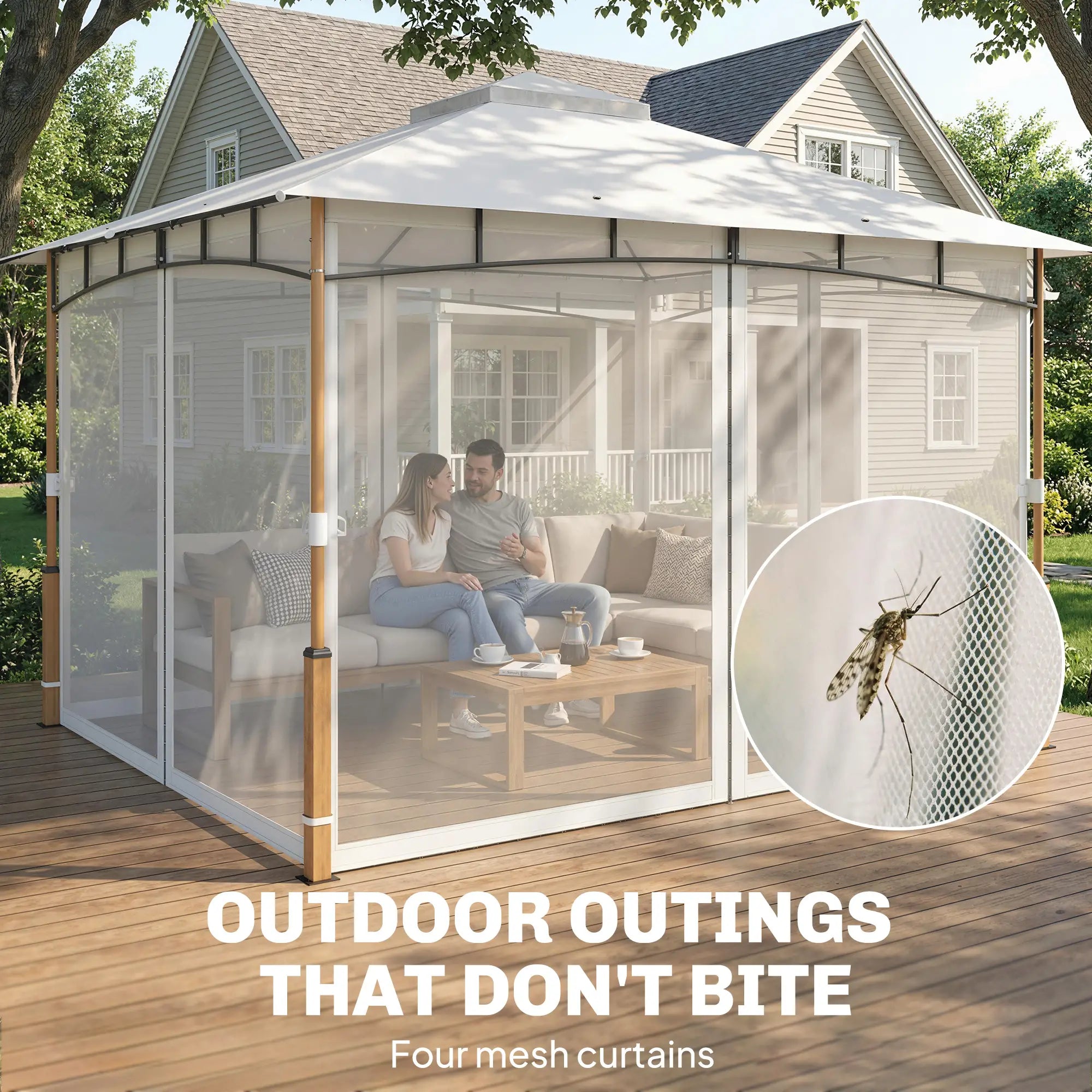 10' x 12' Cream White Patio Gazebo, UPF50+ Double Roof With Netting, Cream White Gazebos at Gallery Canada