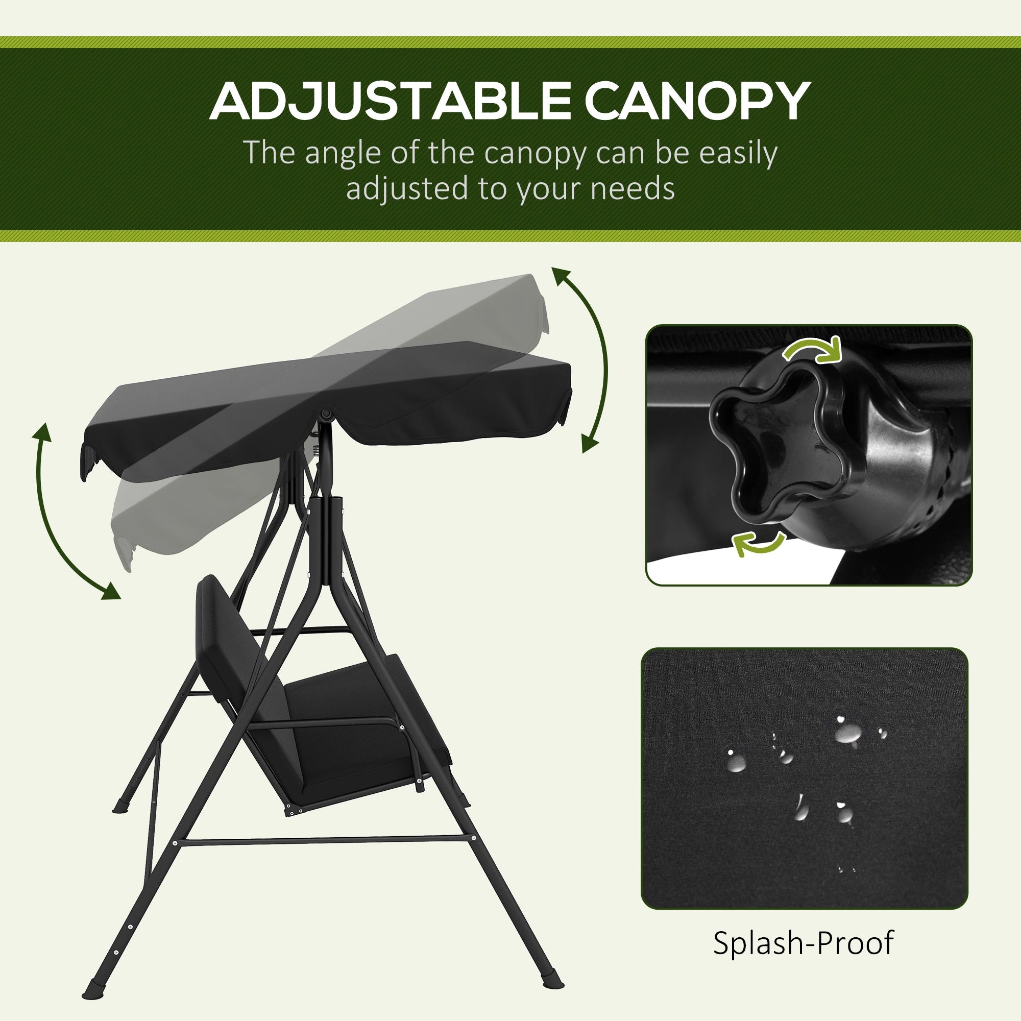 3-Seater Outdoor Porch Swing, Adjustable Canopy, Black Patio Swings with Stand at Gallery Canada
