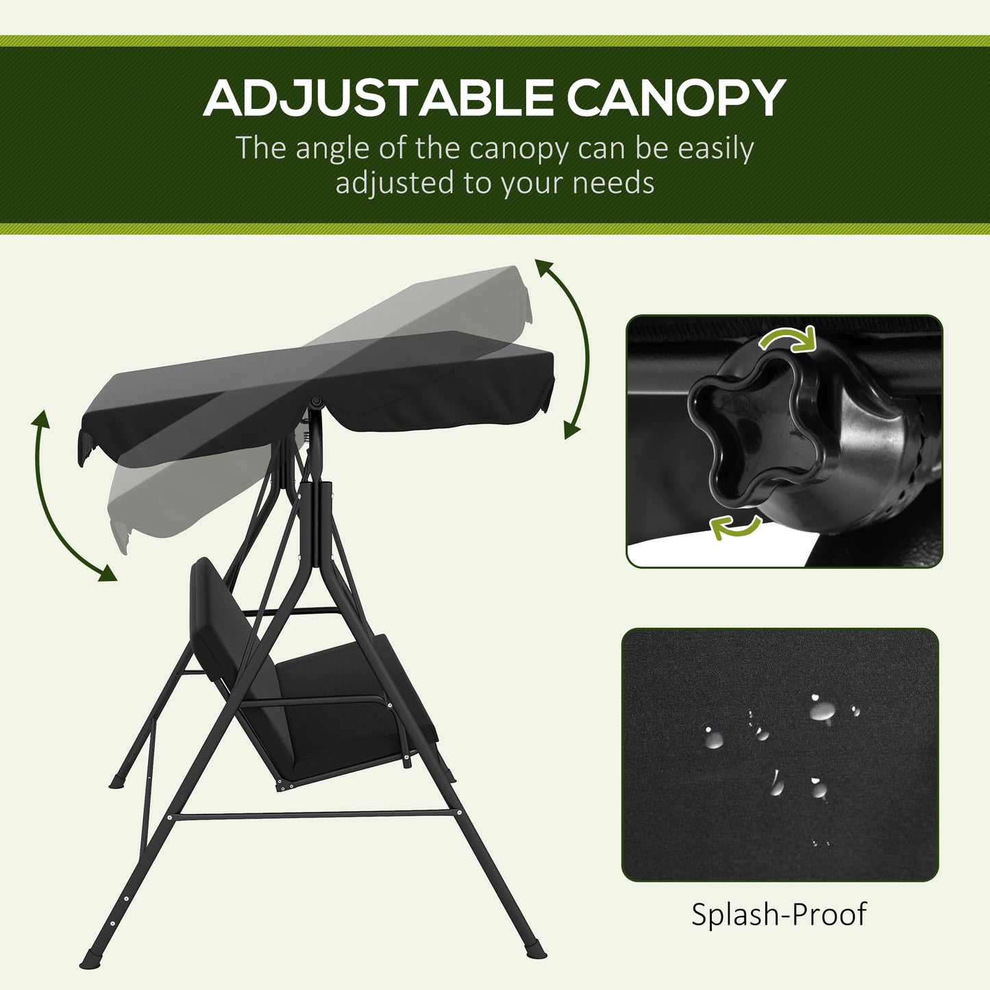 3-Seater Outdoor Porch Swing, Adjustable Canopy, Black Patio Swings with Stand at Gallery Canada