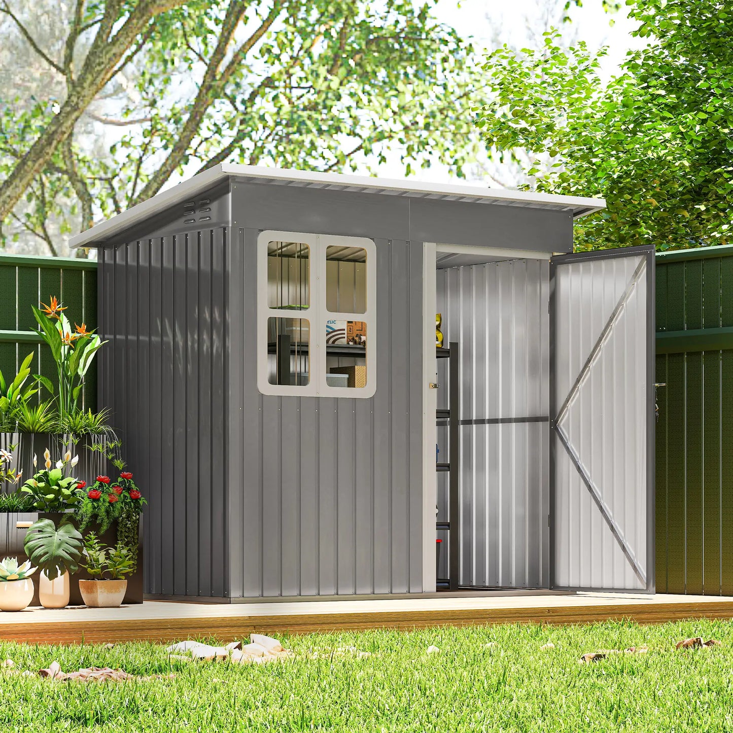 7' x 4' Galvanised Steel Outdoor Storage Shed, Window, Lockable Door, Dark Grey Sheds at Gallery Canada