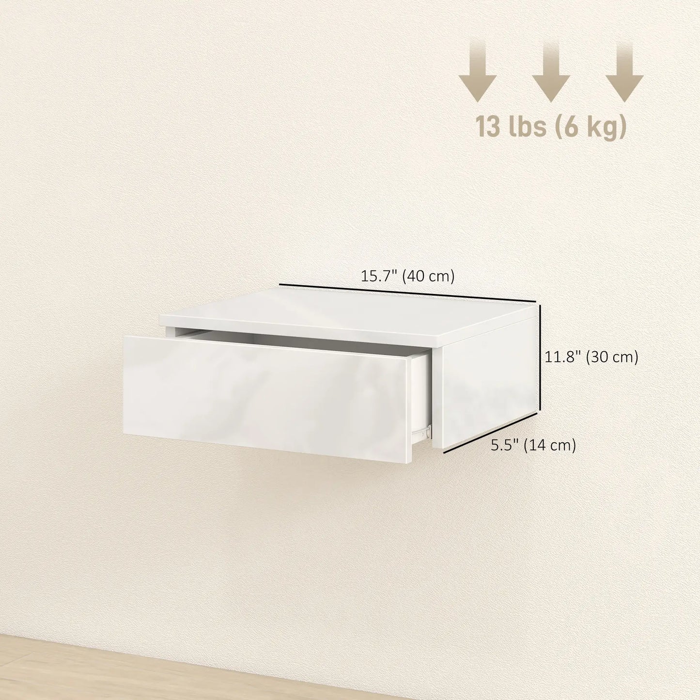 Set of 2 Wall Mounted Bedside Tables, High Gloss Floating Nightstands with Drawer, White Bedside Tables at Gallery Canada