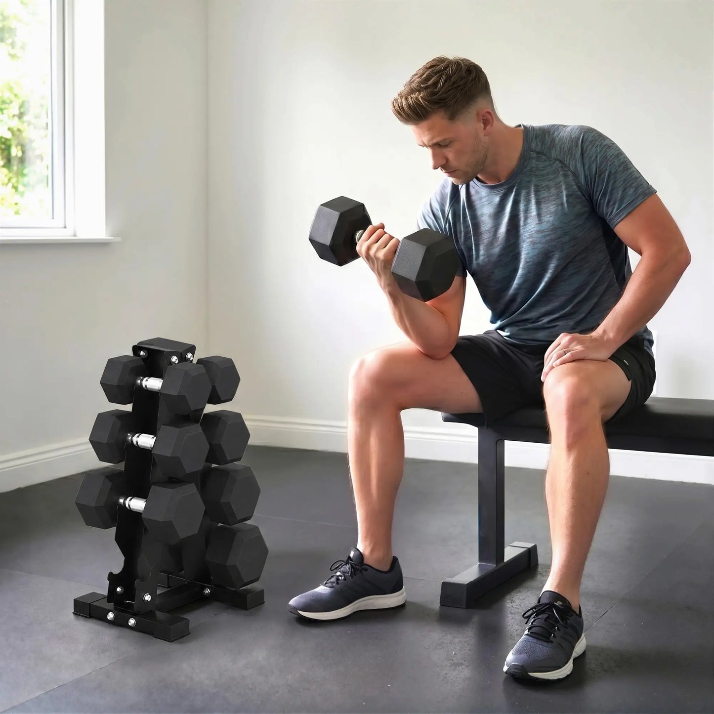 Hex Dumbbell Set With Rack, 180lbs Rubber-Coated, black