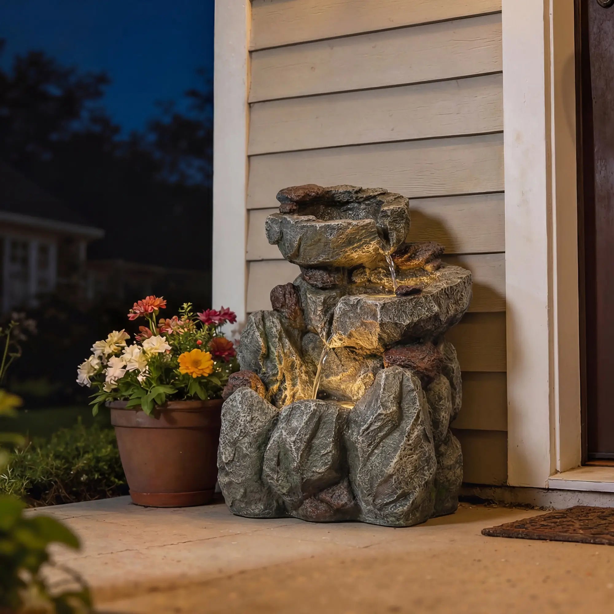 Outdoor Fountain, LED Lights, Adjustable Flow, 3-Tier, Rustic Rock Look, Grey Water Fountains at Gallery Canada