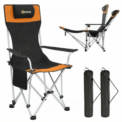 Reclining Camping Chair Set With Foot Rest, Headrest, Cup Holder, Storage Bag, Orange