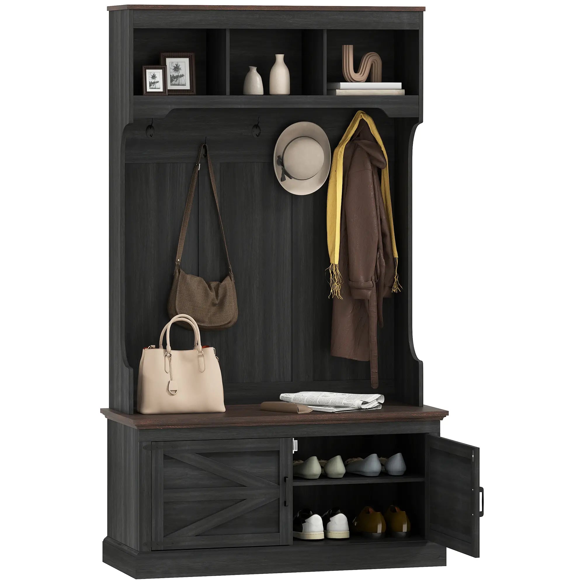 3-in-1 Hall Tree with Bench, Coat Rack, Shoe Storage, Distressed, Black Clothing Storage at Gallery Canada