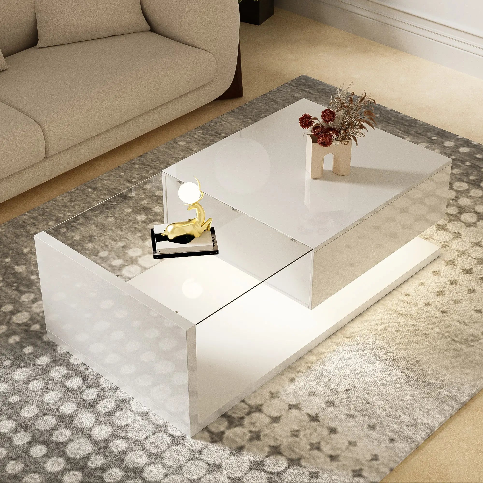 Modern Coffee Table, Glass LED Effect, Storage, 41.5