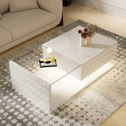 Modern Coffee Table, Glass LED Effect, Storage, 41.5" L x 21.5" W x 12.5" H, White Coffee Tables at Gallery Canada