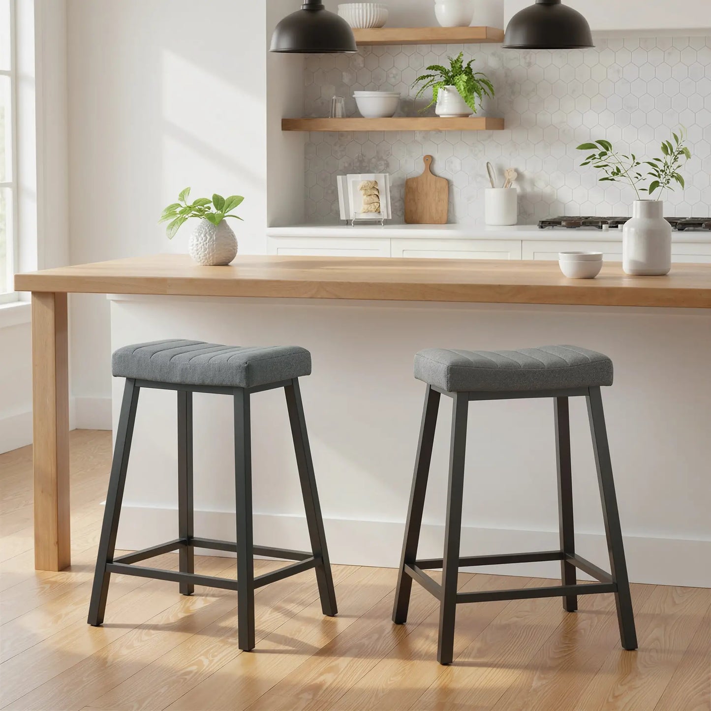 Set of 2 Velvet Bar Stools, Curved Seat with Footrest, Grey Bar Stools at Gallery Canada