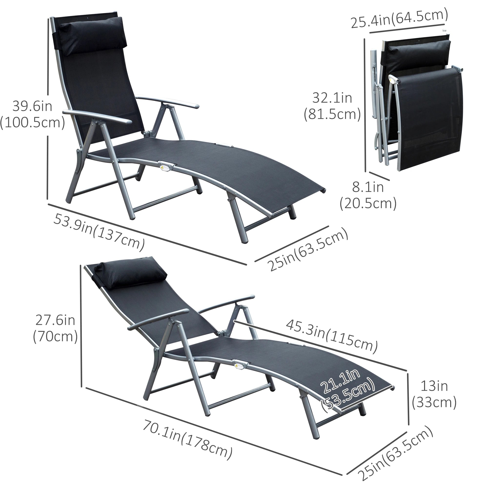 Heavy Duty Adjustable Folding Reclining Chair, Outdoor Sun Lounger, Black Lounger Chairs at Gallery Canada