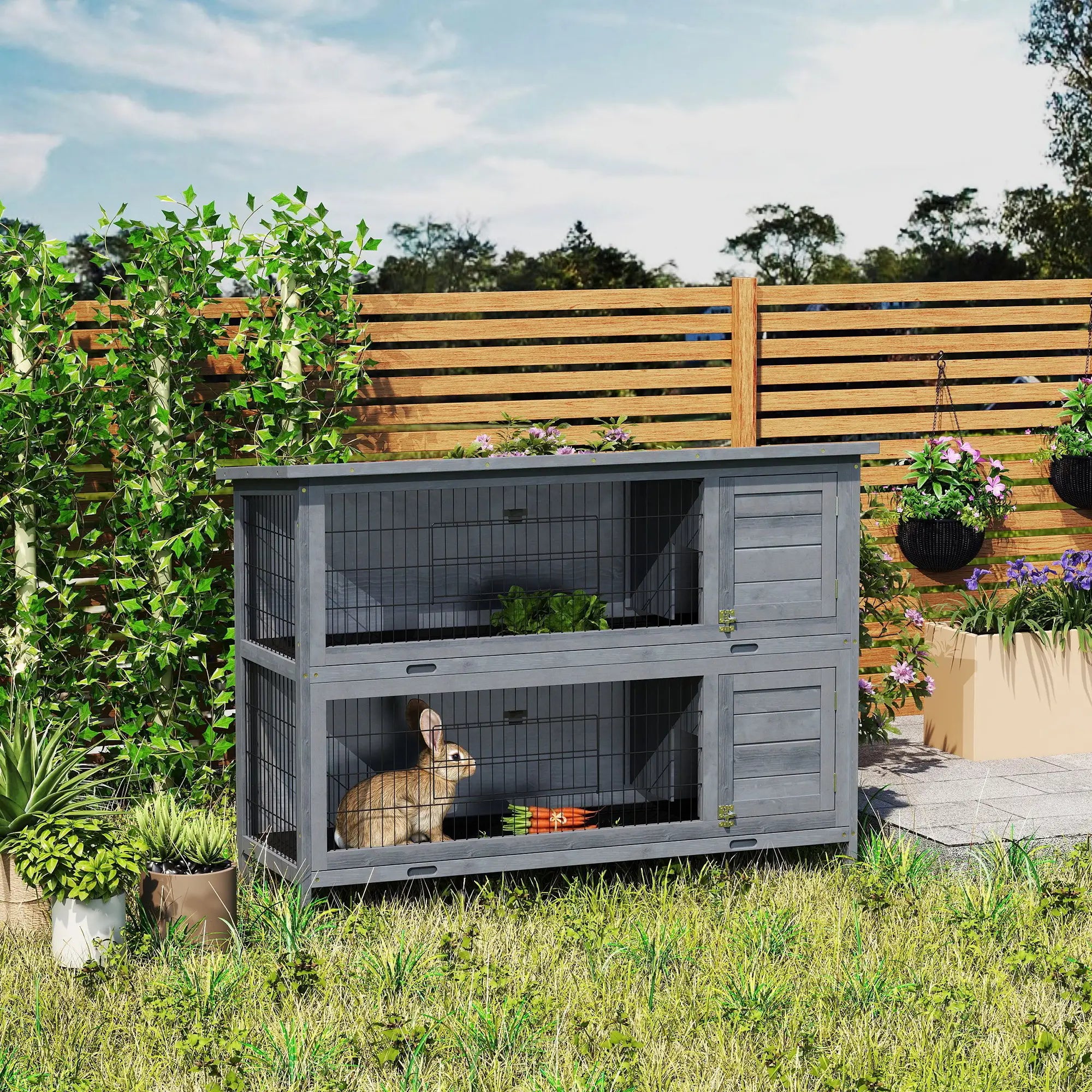 2 Tier Wooden Rabbit Hutch, Bunny Pet House, Grey Rabbit Hutch at Gallery Canada