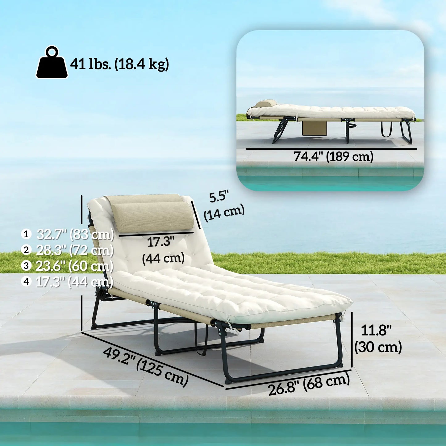 2-Piece Folding Lounge Chairs, Adjustable Backrest, Cushion, Side Pocket, Headrest, Beige Lounger Chairs at Gallery Canada