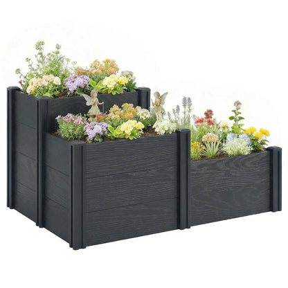 3-Tier Elevated Garden Box, Vinyl Raised Bed Kit, Grey Wood Effect, Grey Wooden Planter Boxes at Gallery Canada
