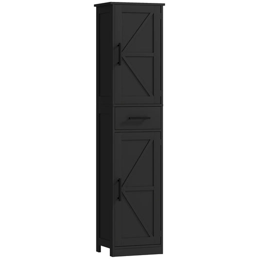 67" Tall Bathroom Cabinet, Narrow Storage with Drawer, Barn Doors, Adjustable Shelves, Black Bathroom Cabinets Black at Gallery Canada