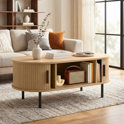 Coffee Table with Sliding Tambour Doors and Storage Center Table with Metal Legs, 39", Natural