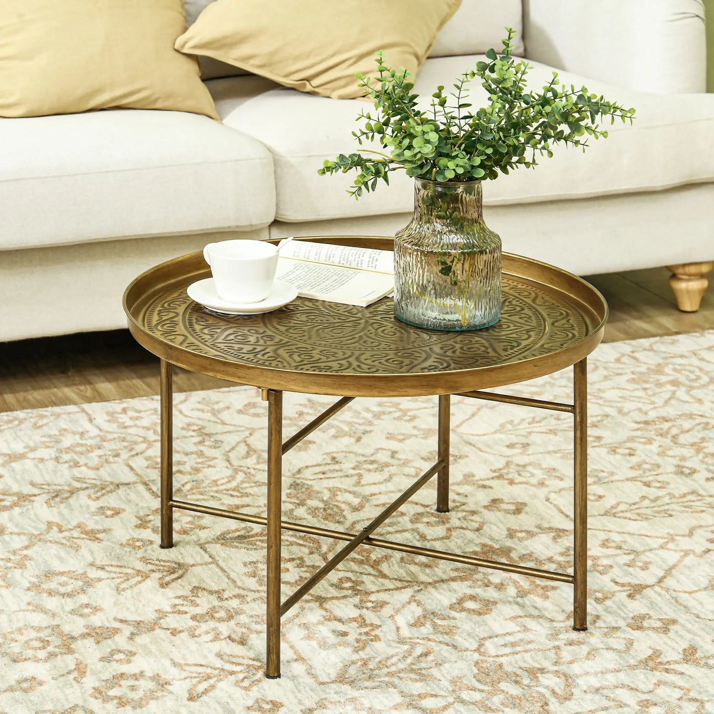 Vintage Coffee Table, 24" Round, Hammered Tray Top, Metal Frame, Gold Coffee Tables at Gallery Canada