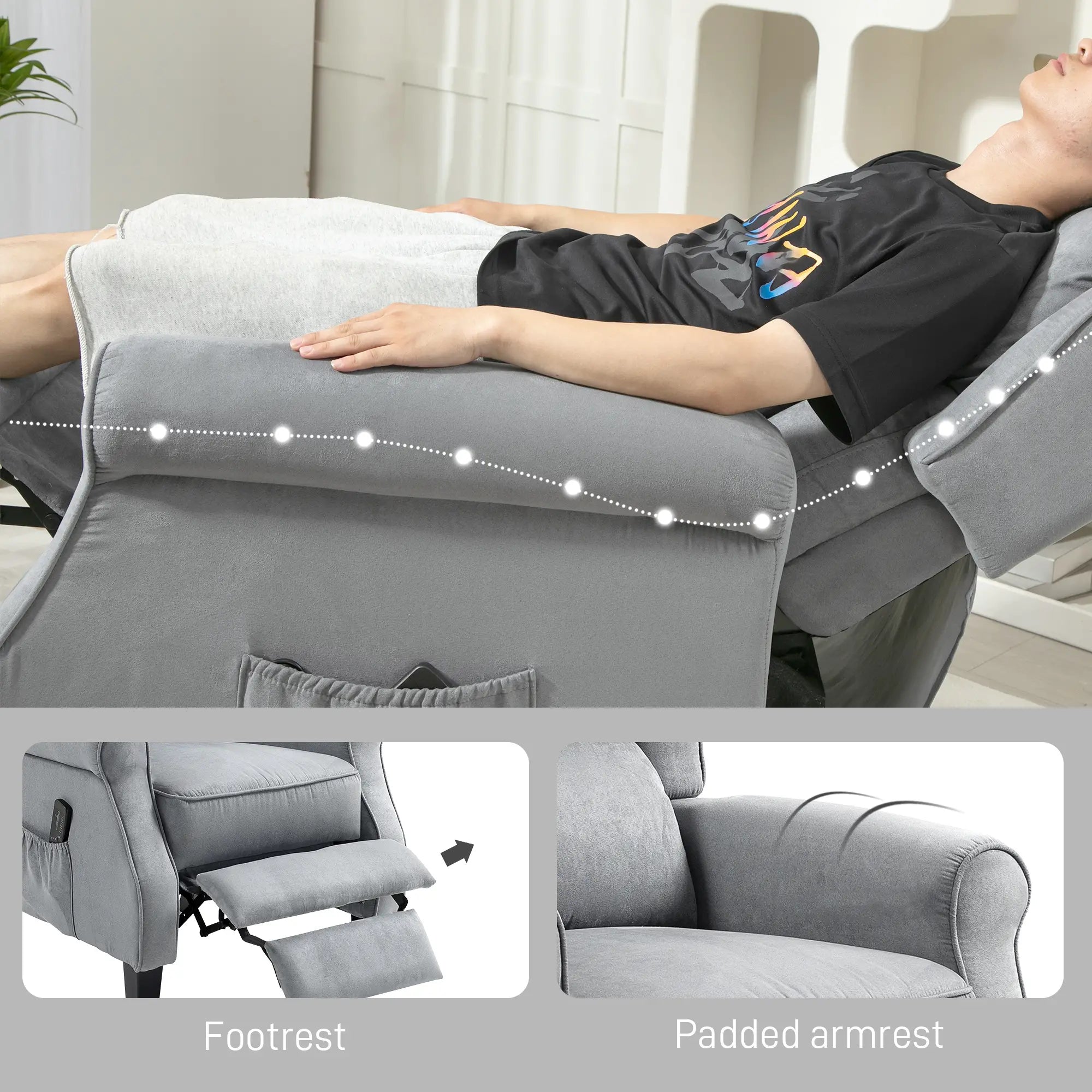 Push Back Recliner Chair, Vibration Massage, Extendable Footrest, Remote, Pocket, Grey Single Sofas at Gallery Canada
